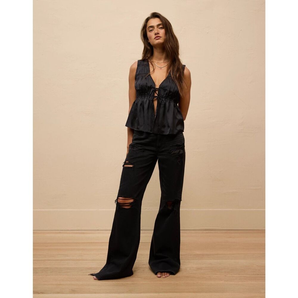 American Eagle Black Satin Tie-Front Vest Top - Lace Trim - Size XL - NWOT